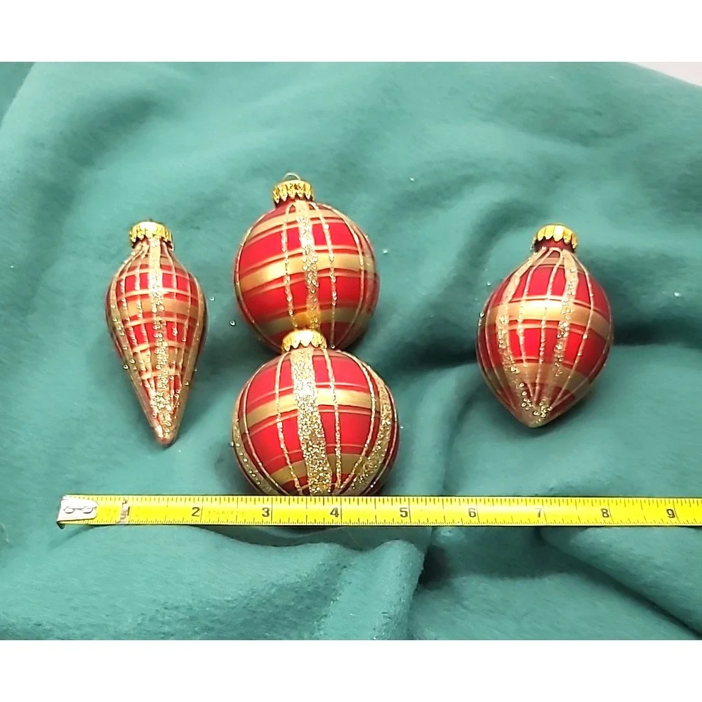 Four Red and Gold Hand‎ Painted Plaid Glass Christmas Ornaments